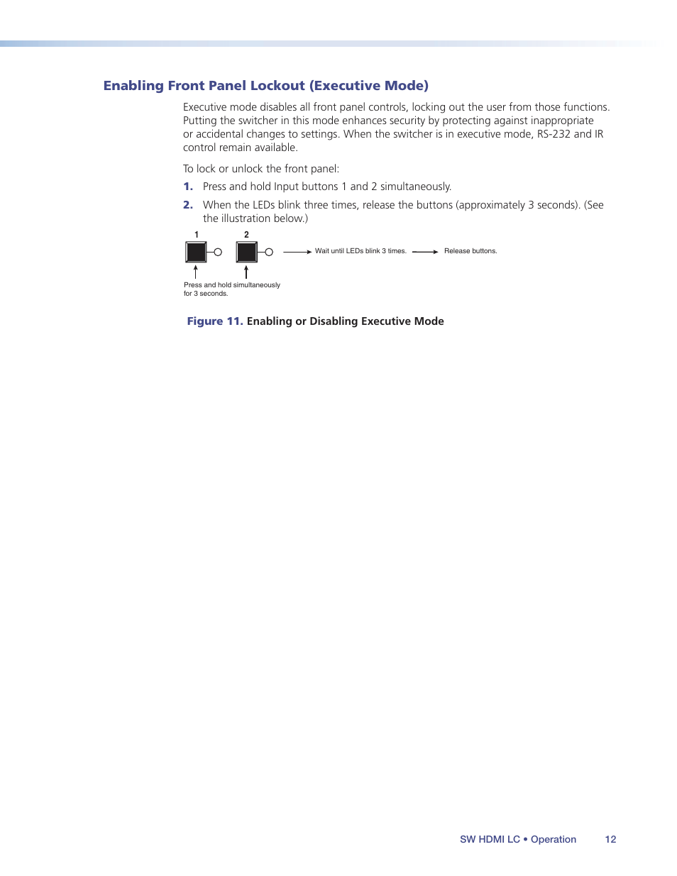 Enabling front panel lockout (executive mode), Enabling front panel lockout (executive, Mode) | Extron Electronics SW HDMI LC User Guide User Manual | Page 18 / 36