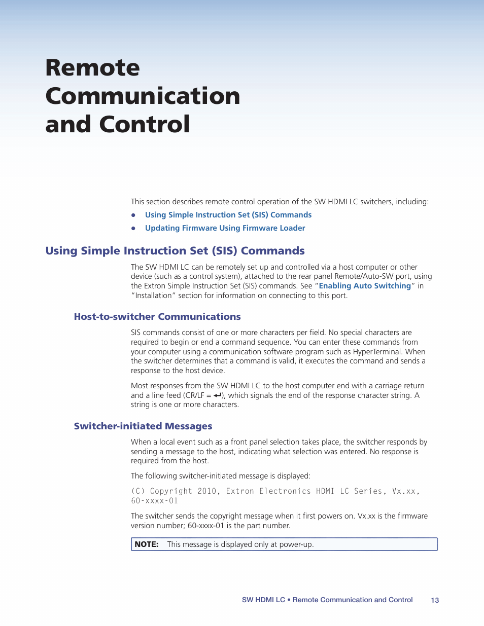 Remote communication and control, Using simple instruction set (sis) commands, Host-to-switcher communications | Switcher-initiated messages, Remote, Communication and control, Section). when r | Extron Electronics SW HDMI LC User Guide User Manual | Page 19 / 36
