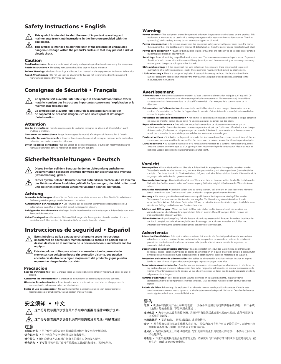 Instrucciones de seguridad • español 安全须知 • 中文, Caution, Warning | Attention, Avertissement, Achtung, Vorsicht, Precaucion, Advertencia | Extron Electronics SW HDMI LC User Guide User Manual | Page 2 / 36