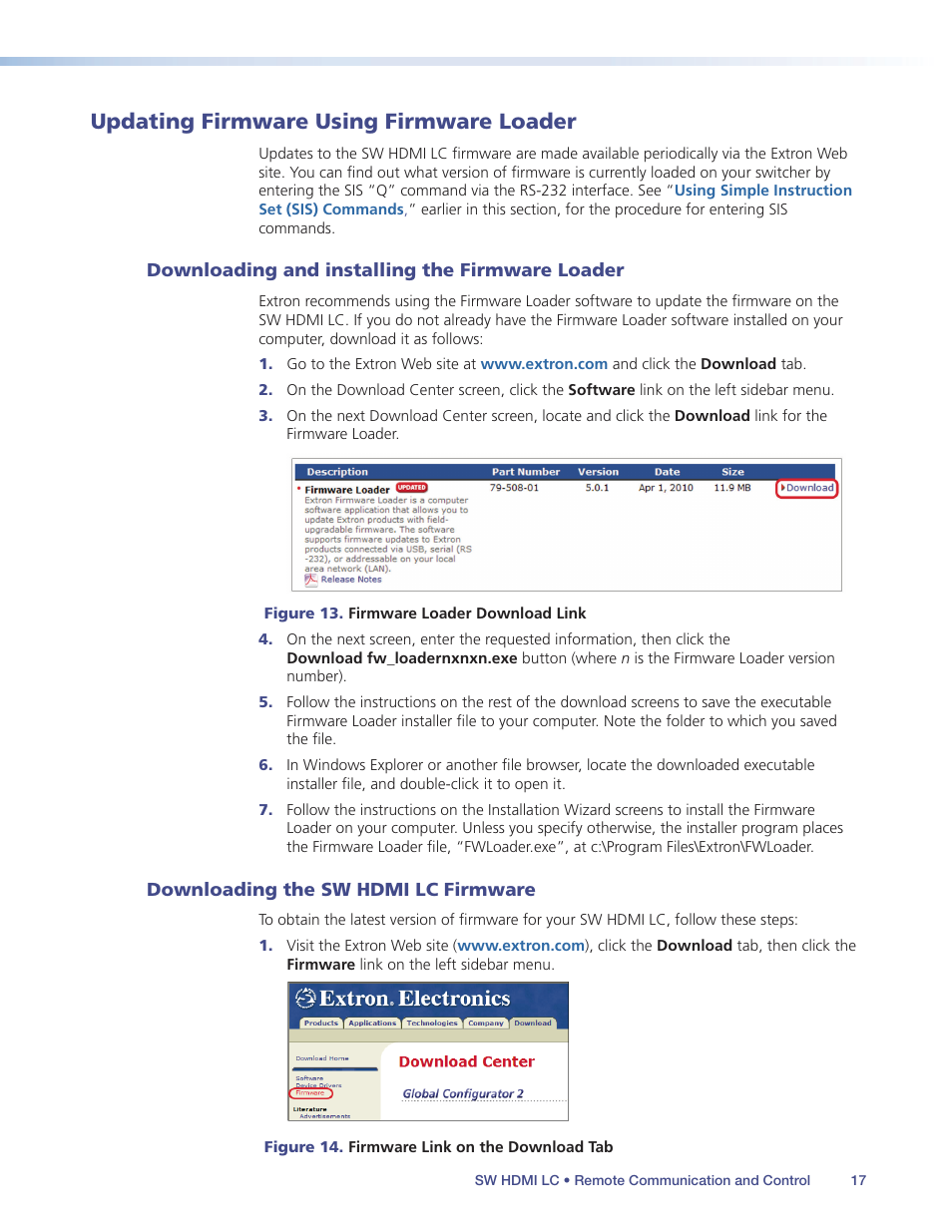 Updating firmware using firmware loader, Downloading and installing the firmware loader, Downloading the sw hdmi lc firmware | Downloading and installing the firmware, Loader | Extron Electronics SW HDMI LC User Guide User Manual | Page 23 / 36