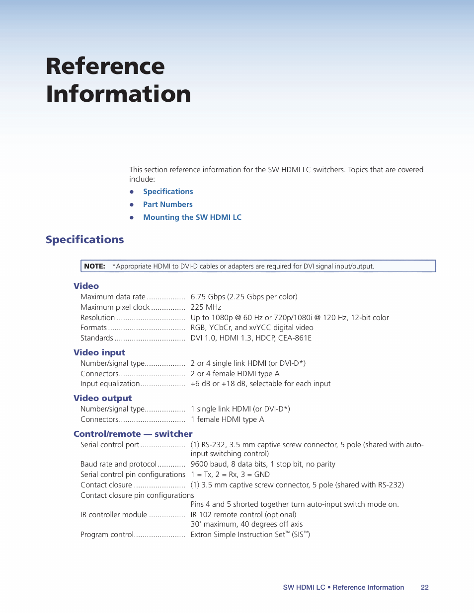 Reference information, Specifications | Extron Electronics SW HDMI LC User Guide User Manual | Page 28 / 36
