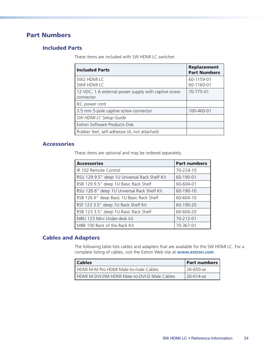 Part numbers, Included parts, Accessories | Cables and adapters, Included parts accessories cables and adapters | Extron Electronics SW HDMI LC User Guide User Manual | Page 30 / 36