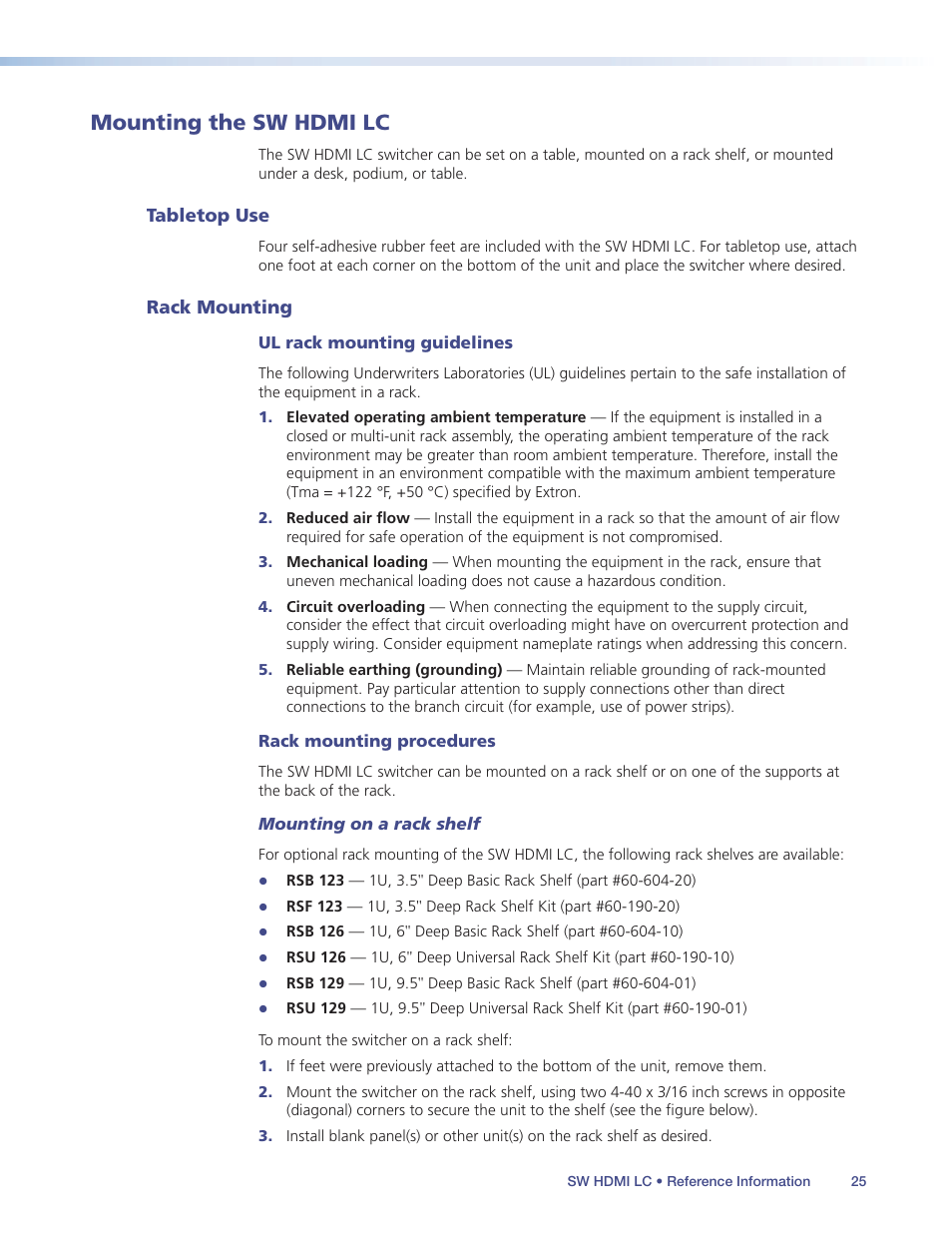 Mounting the sw hdmi lc, Tabletop use, Rack mounting | Tabletop use rack mounting, Ed. see, Mounting the, Sw hdmi lc | Extron Electronics SW HDMI LC User Guide User Manual | Page 31 / 36