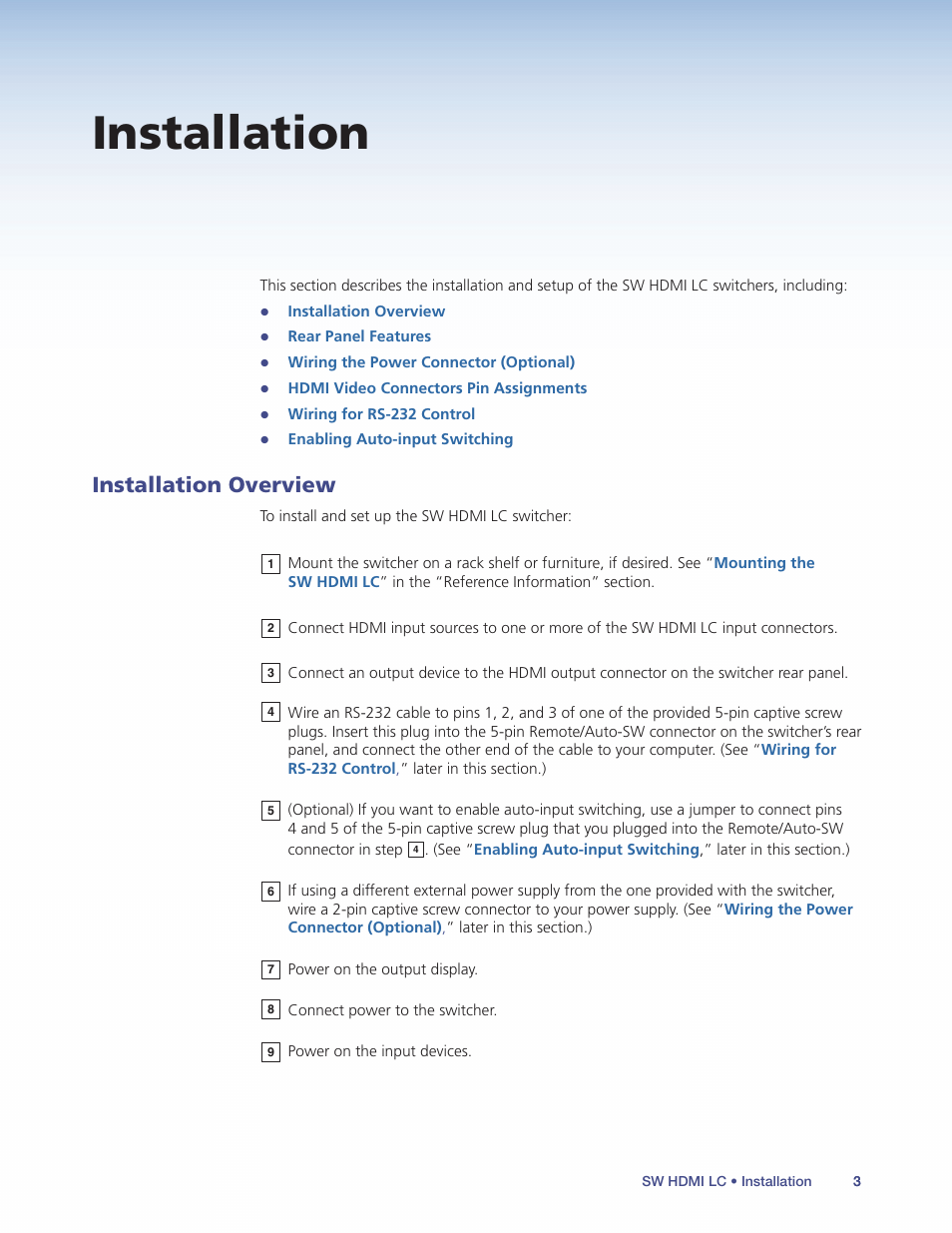 Installation, Installation overview | Extron Electronics SW HDMI LC User Guide User Manual | Page 9 / 36