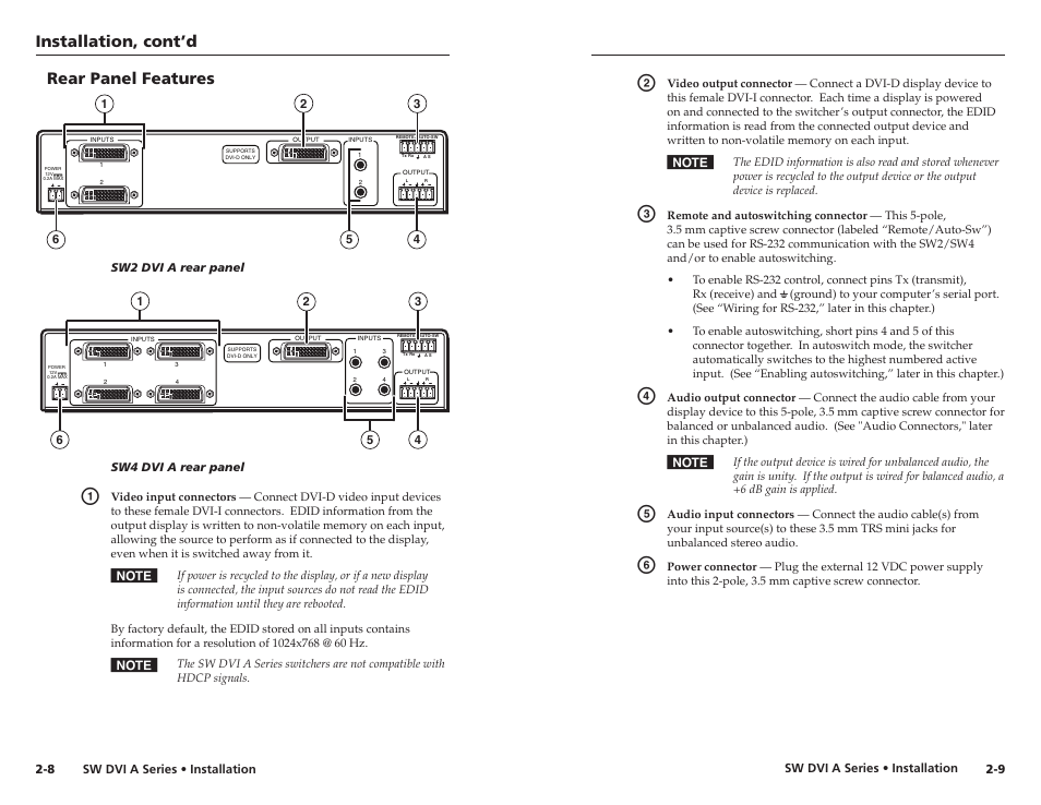 Rear panel features, Installation, cont’d | Extron Electronics SW DVI A Series User Guide User Manual | Page 11 / 25