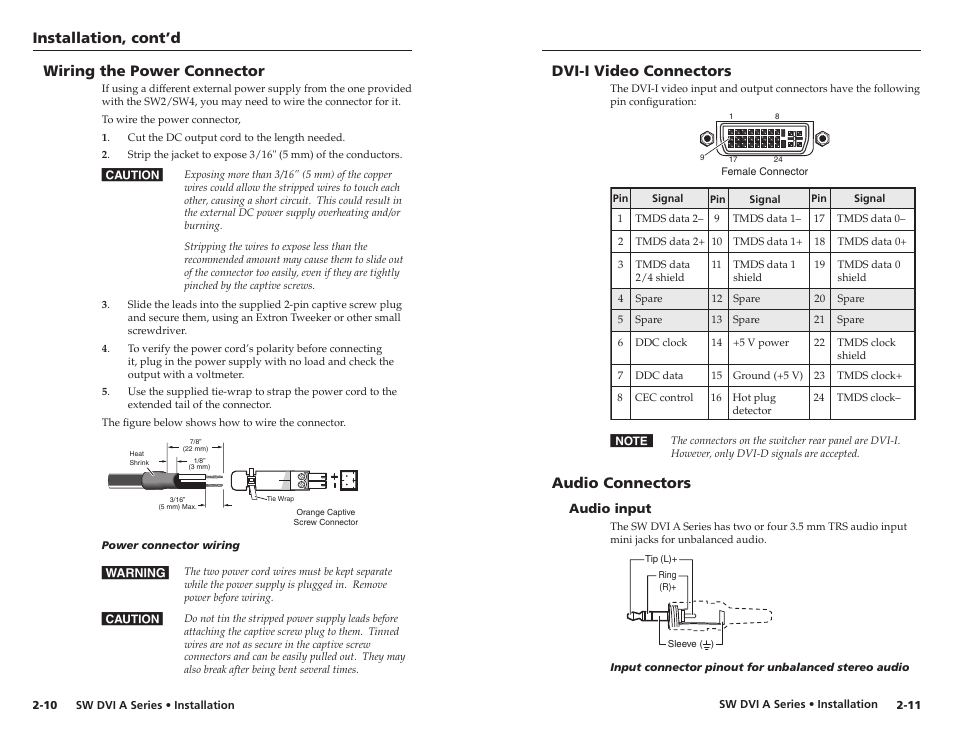 Wiring the power connector, Dvi-i video connectors, Audio connectors | Audio input, Wiring the power connector, Audio input -11, Installation, cont’d | Extron Electronics SW DVI A Series User Guide User Manual | Page 12 / 25