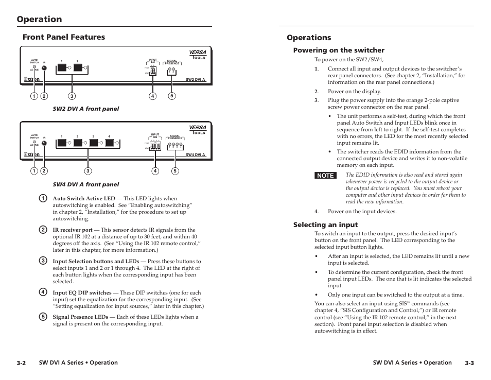 Front panel features, Operations, Powering on the switcher | Selecting an input, Operation | Extron Electronics SW DVI A Series User Guide User Manual | Page 15 / 25