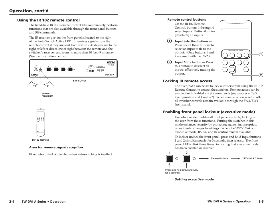 Using the ir 102 remote control, Remote control buttons, Locking ir remote access | Enabling front panel lockout (executive mode), Using the ir 102 remote control -4, Remote control buttons -5, Operation, cont’d | Extron Electronics SW DVI A Series User Guide User Manual | Page 16 / 25