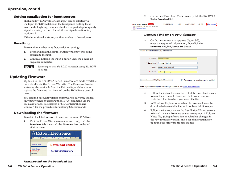 Setting equalization for input sources, Resetting, Updating firmware | Downloading the firmware, Updating firmware, Downloading the firmware -6, Operation, cont’d | Extron Electronics SW DVI A Series User Guide User Manual | Page 17 / 25