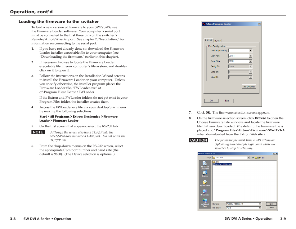 Loading the firmware to the switcher, Loading the firmware to the switcher -8, Operation, cont’d | Extron Electronics SW DVI A Series User Guide User Manual | Page 18 / 25