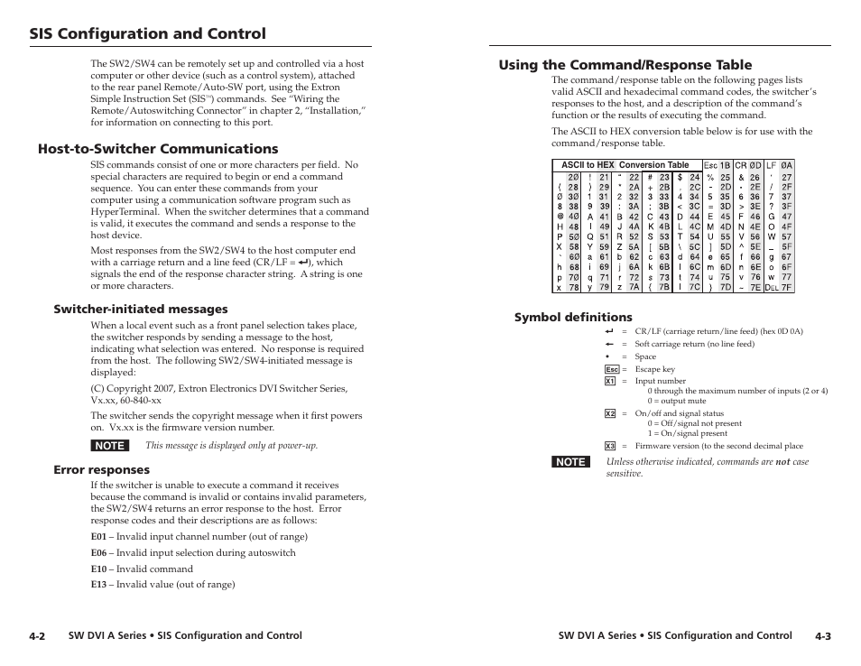 Host-to-switcher communications, Switcher-initiated messages, Error responses | Using the command/response table, Symbol definitions, Host-to-switcher communications, Using the command/response table, Symbol definitions -3, Sis configuration and control | Extron Electronics SW DVI A Series User Guide User Manual | Page 20 / 25