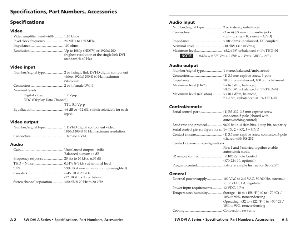 Specifications, Specifications, part numbers, accessories | Extron Electronics SW DVI A Series User Guide User Manual | Page 23 / 25