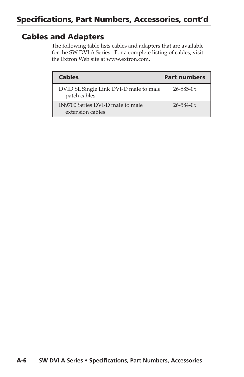 Cables and adapters, Specifications, part numbers, accessories, cont’d | Extron Electronics SW DVI A Series User Guide User Manual | Page 25 / 25