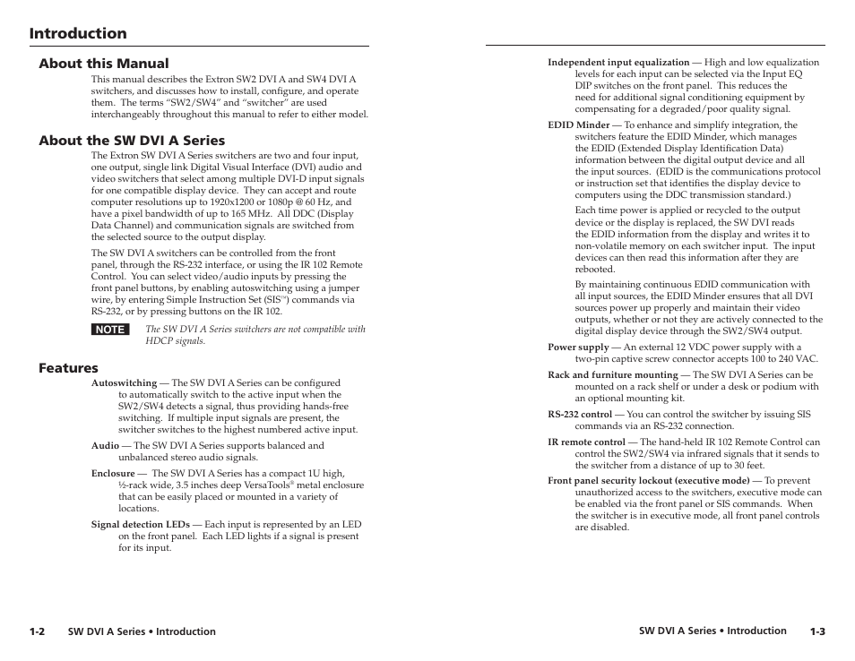 About this manual, About the sw dvi a series, Features | Introduction | Extron Electronics SW DVI A Series User Guide User Manual | Page 6 / 25