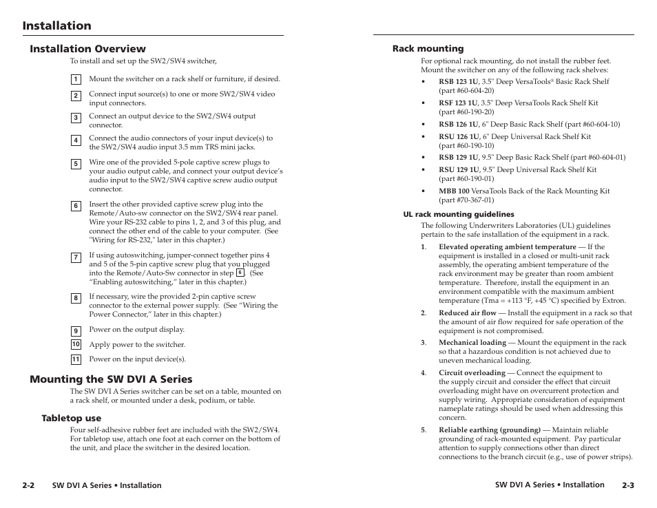 Installation overview, Mounting the sw dvi a series, Tabletop use | Rack mounting, Ul rack mounting guidelines, Tabletop use -2 rack mounting -3, Ul rack mounting guidelines -3, Installation | Extron Electronics SW DVI A Series User Guide User Manual | Page 8 / 25