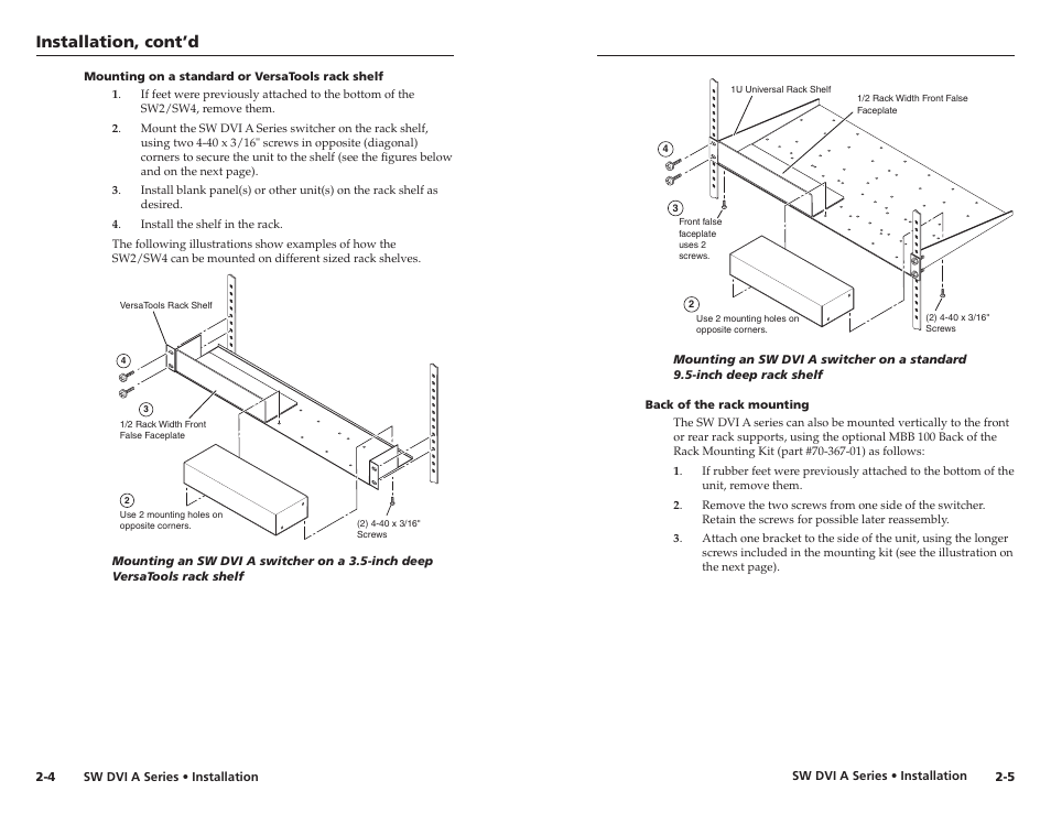 Mounting on a standard or versatools rack shelf, Back of the rack mounting, Installation, cont’d | Extron Electronics SW DVI A Series User Guide User Manual | Page 9 / 25