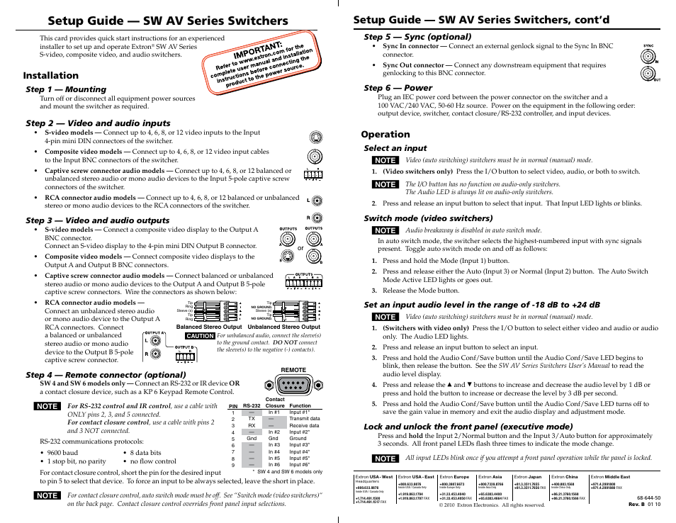 Extron Electronics SW AV Series Series Setup Guide User Manual | 1 page