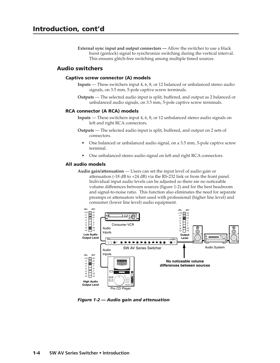 Introduction, cont’d, Audio switchers, Sw av series switcher • introduction 1-4 | Captive screw connector (a) models, Rca connector (a rca) models, All audio models, Auto switch active video audio, Db +db figure 1-2 — audio gain and attenuation | Extron Electronics SW AV Series User Guide User Manual | Page 10 / 50