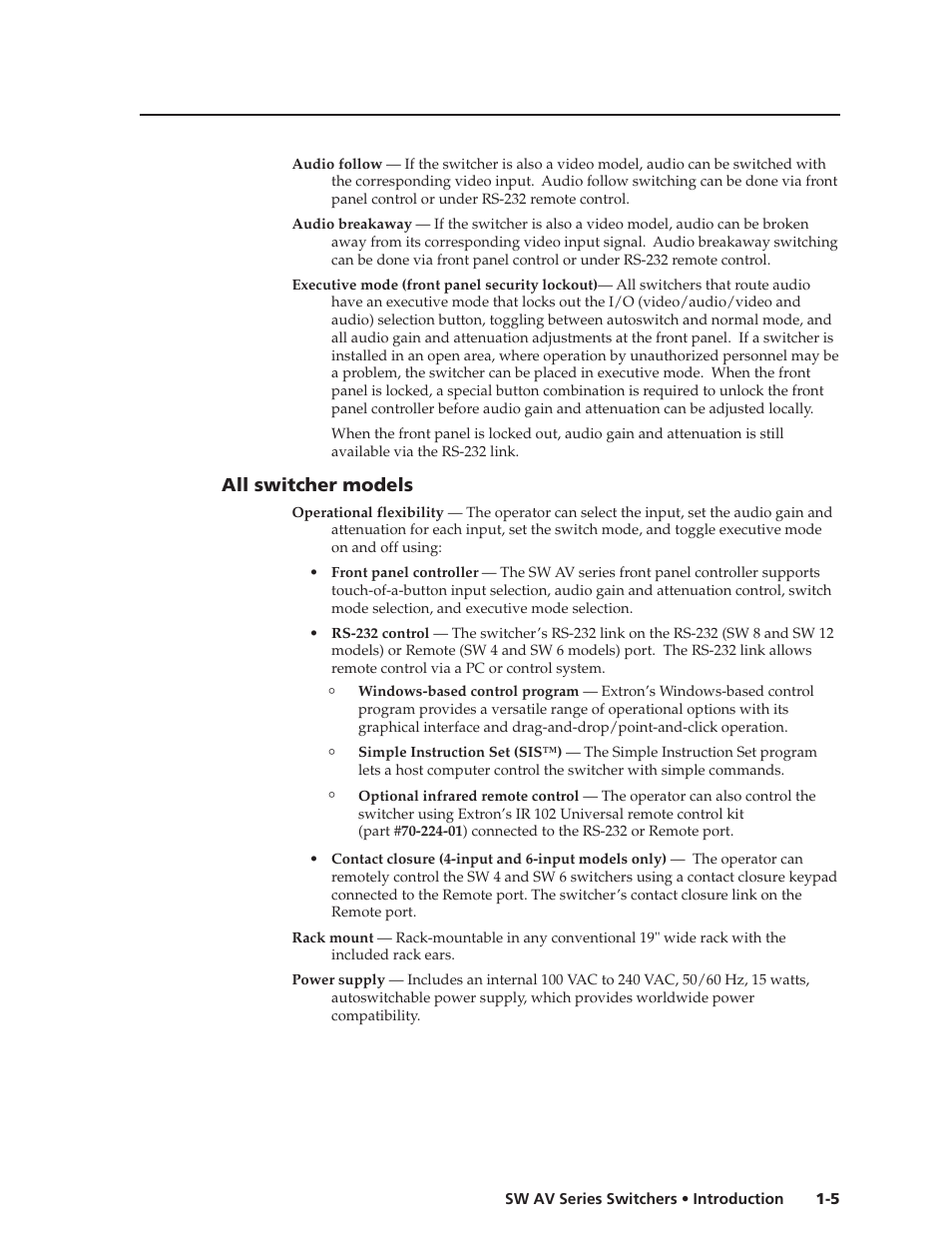All switcher models | Extron Electronics SW AV Series User Guide User Manual | Page 11 / 50