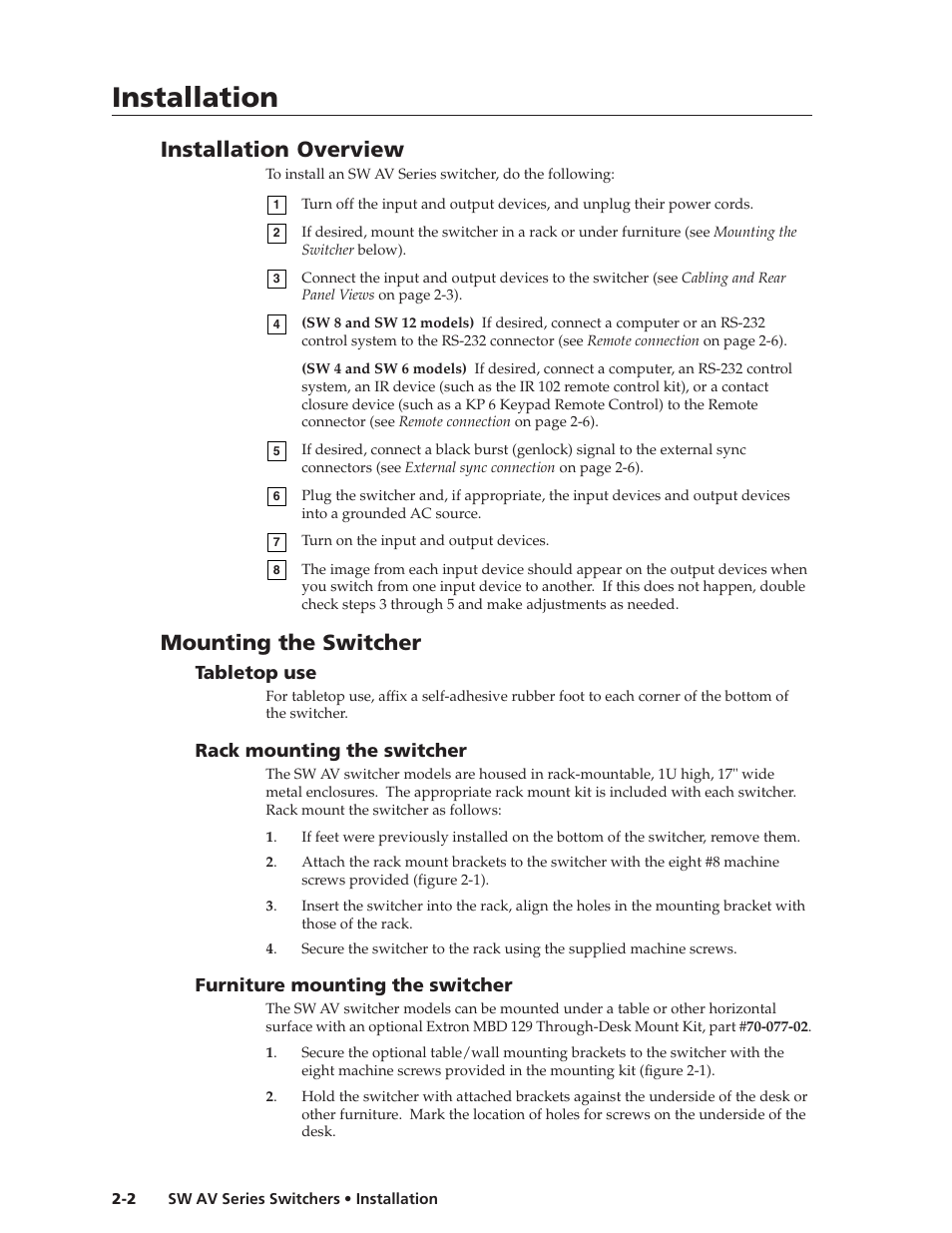 Installation, Installation, cont’d, Installation overview | Mounting the switcher | Extron Electronics SW AV Series User Guide User Manual | Page 14 / 50