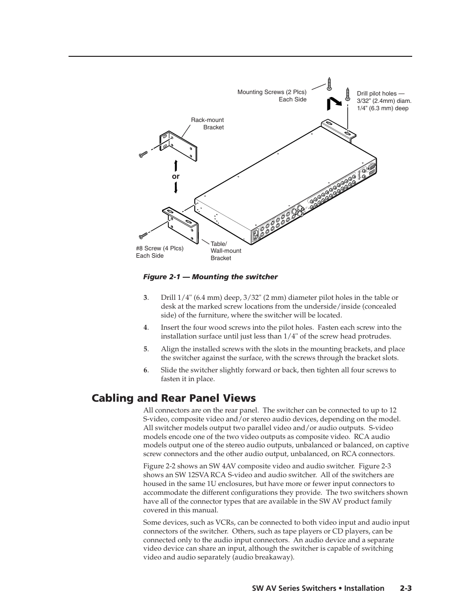 Cabling and rear panel views, 3 sw av series switchers • installation | Extron Electronics SW AV Series User Guide User Manual | Page 15 / 50