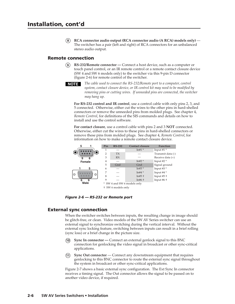 Installation, cont’d, Remote connection, External sync connection | Extron Electronics SW AV Series User Guide User Manual | Page 18 / 50