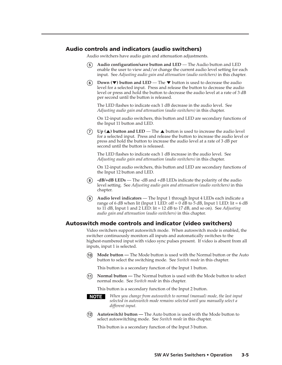 Audio controls and indicators (audio switchers) | Extron Electronics SW AV Series User Guide User Manual | Page 25 / 50