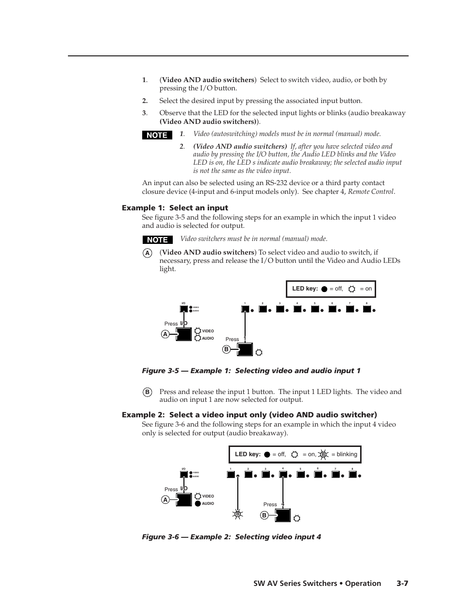 7 sw av series switchers • operation, Example 1: select an input, Figure 3-6 — example 2: selecting video input 4 | Extron Electronics SW AV Series User Guide User Manual | Page 27 / 50