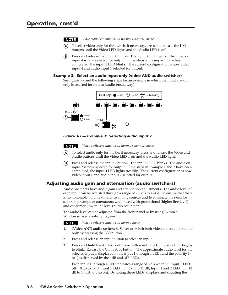 Operation, cont’d, Sw av series switchers • operation 3-8 | Extron Electronics SW AV Series User Guide User Manual | Page 28 / 50
