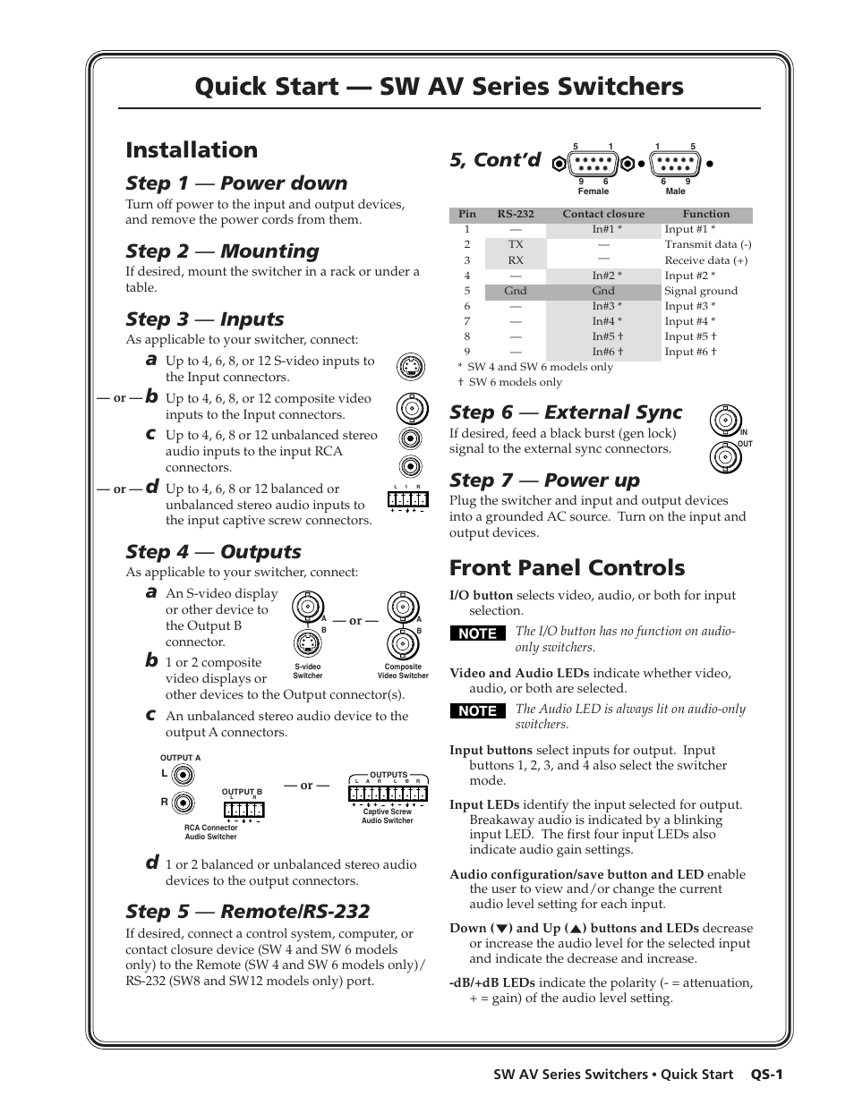 Quick start — sw av series switchers, Installation, Front panel controls | Step 1 — power down, Step 2 — mounting, Step 3 — inputs, Step 4 — outputs, Step 5 — remote/rs-232, 5, cont’d, Step 6 — external sync | Extron Electronics SW AV Series User Guide User Manual | Page 3 / 50