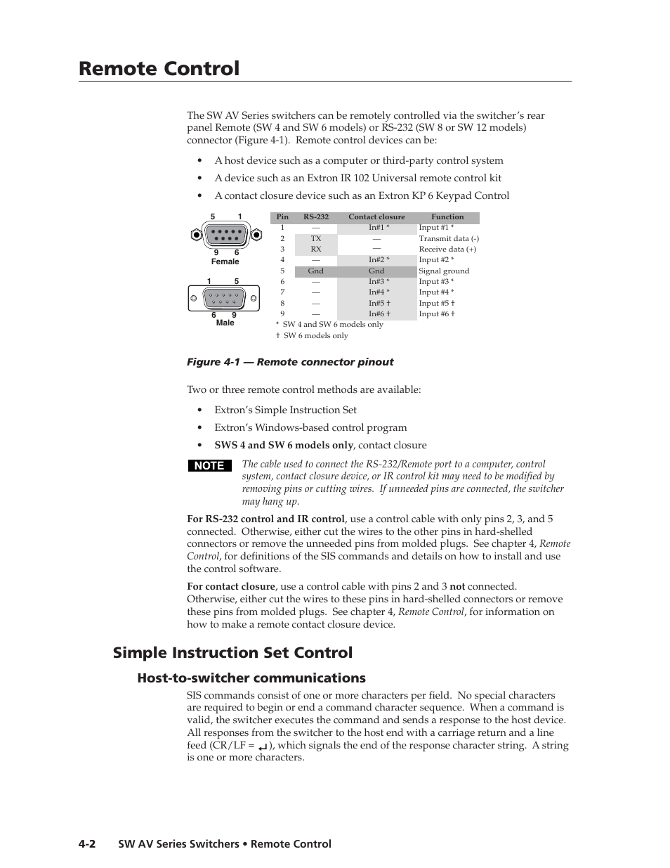 Remote control, Remote control, cont’d, Simple instruction set control | Host-to-switcher communications | Extron Electronics SW AV Series User Guide User Manual | Page 36 / 50