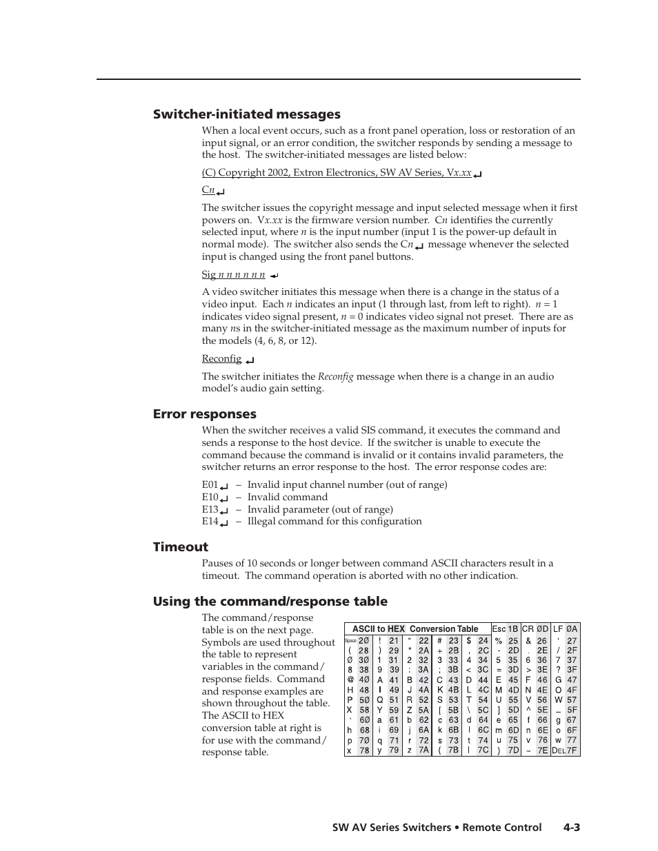 Switcher-initiated messages, Error responses, Timeout | Using the command/response table | Extron Electronics SW AV Series User Guide User Manual | Page 37 / 50