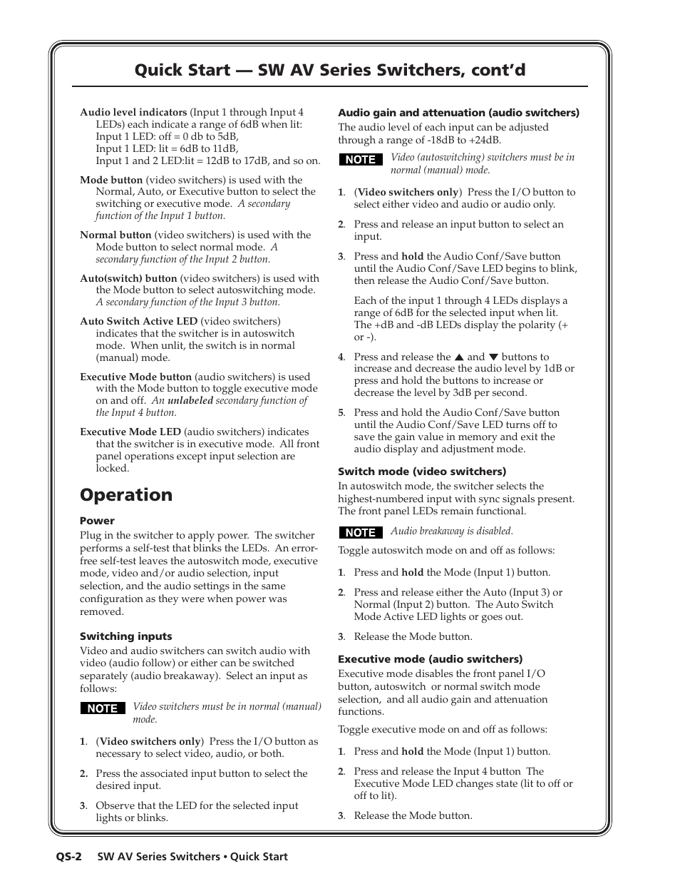 Operation, Quick start — sw av series switchers, cont’d | Extron Electronics SW AV Series User Guide User Manual | Page 4 / 50