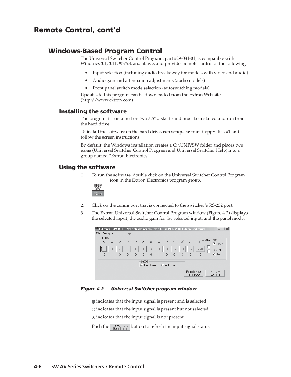 Remote control, cont’d, Windows-based program control | Extron Electronics SW AV Series User Guide User Manual | Page 40 / 50