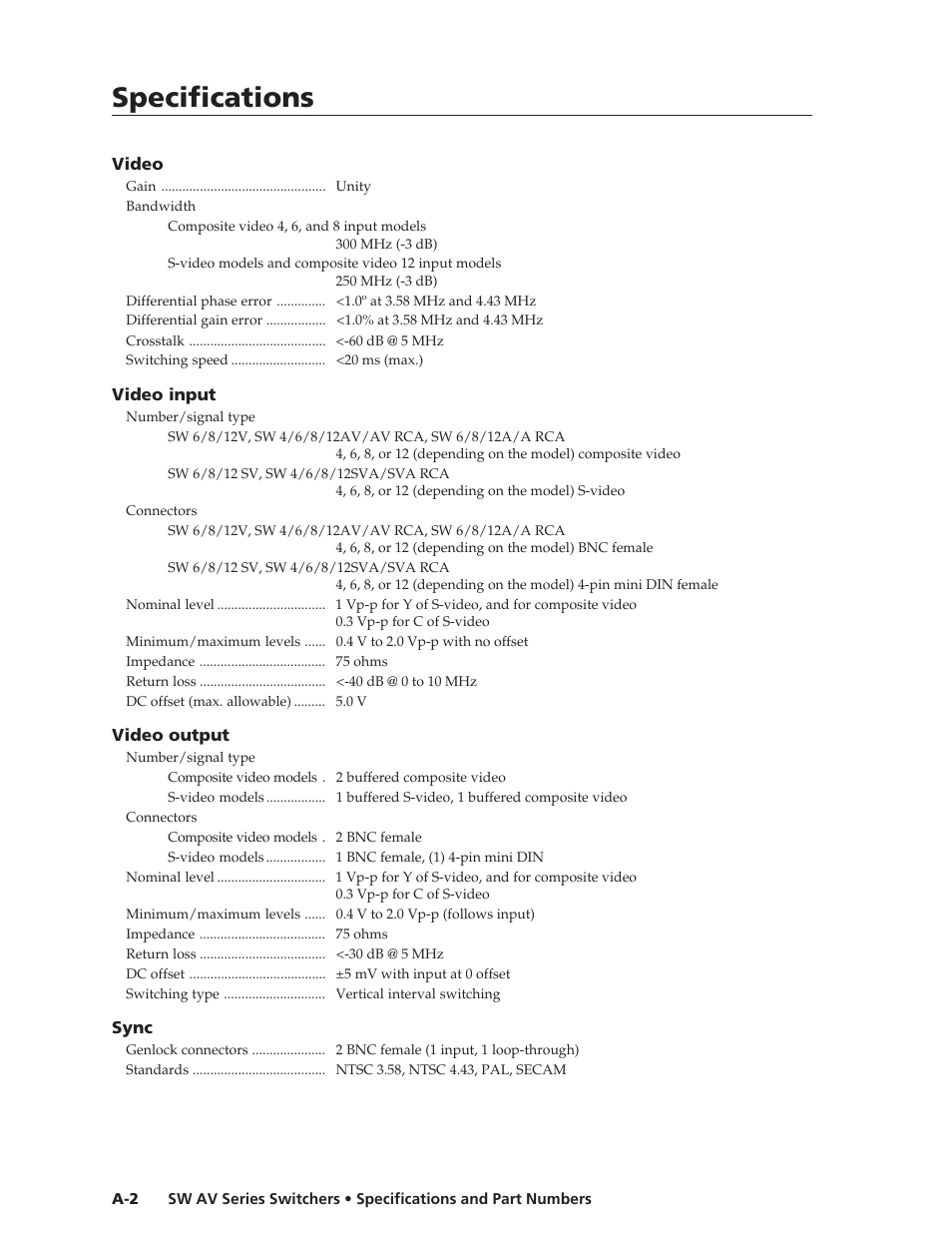 Specifications, Specifications, cont’d | Extron Electronics SW AV Series User Guide User Manual | Page 44 / 50
