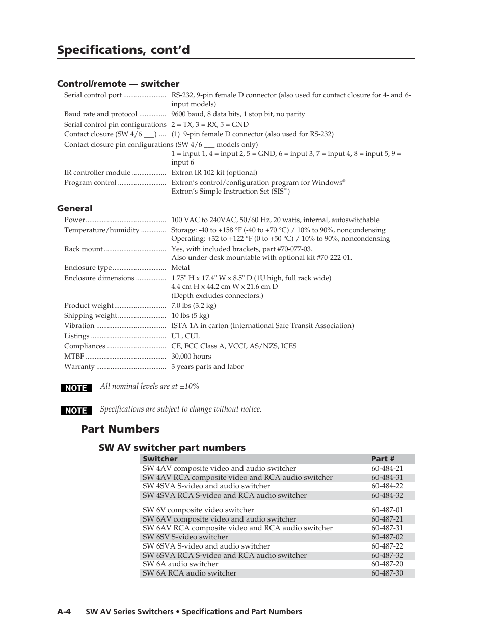 Specifications, cont’d, Part numbers, Sw av switcher part numbers | Extron Electronics SW AV Series User Guide User Manual | Page 46 / 50