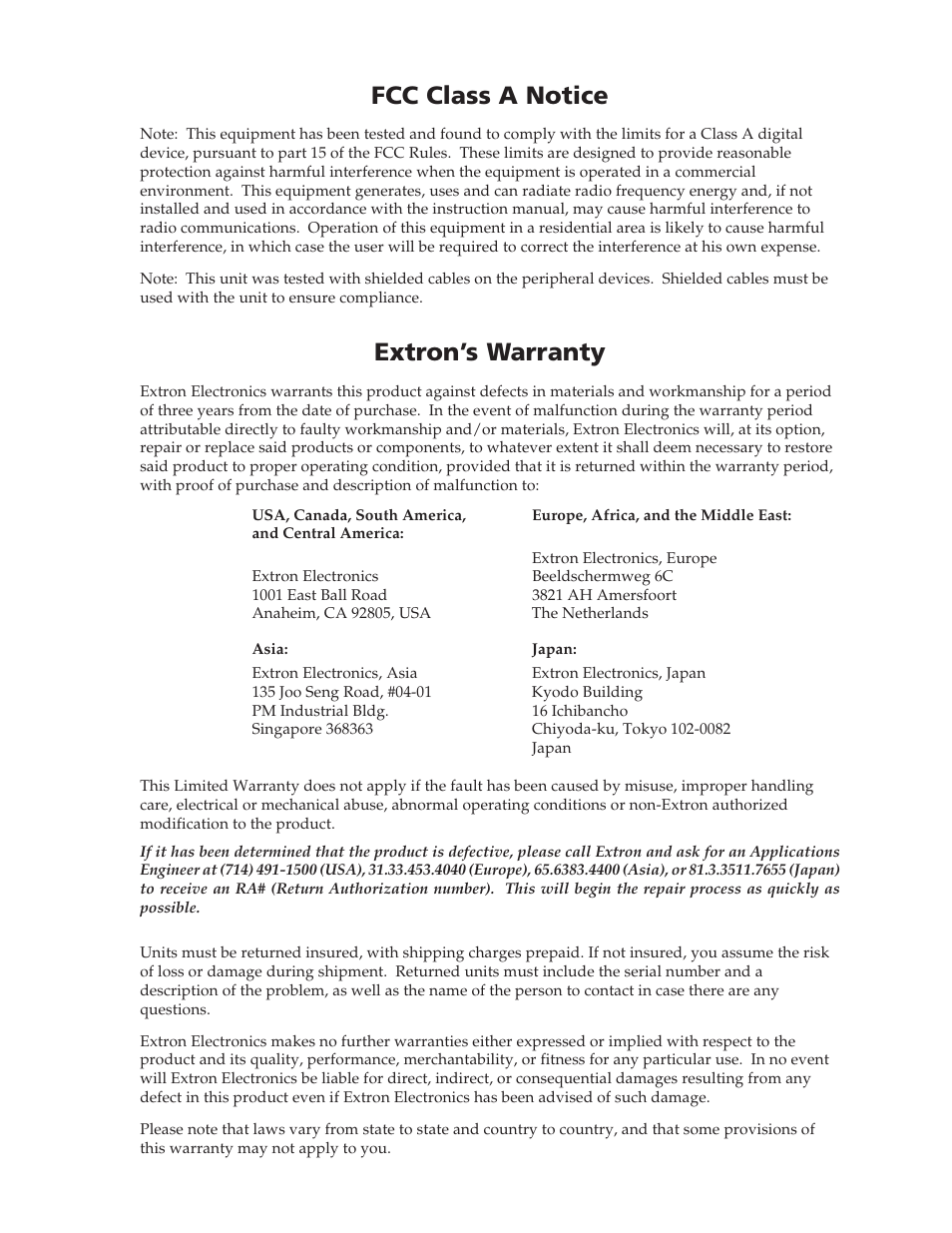 Fcc class a notice, Extron’s warranty | Extron Electronics SW AV Series User Guide User Manual | Page 49 / 50