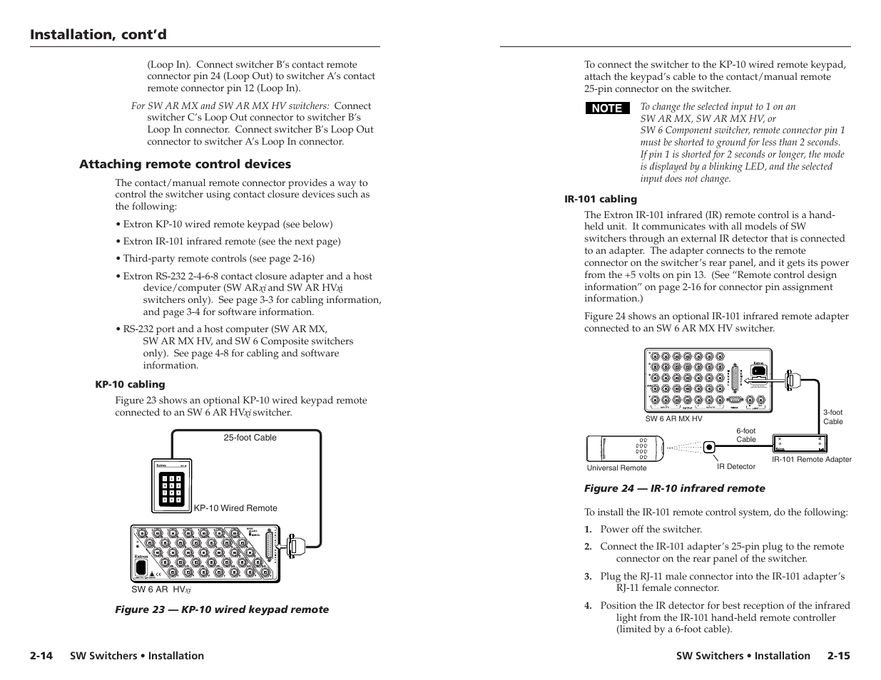 Installation, cont’d, Attaching remote control devices | Extron Electronics SW 2_4 ARxi User Guide User Manual | Page 14 / 31