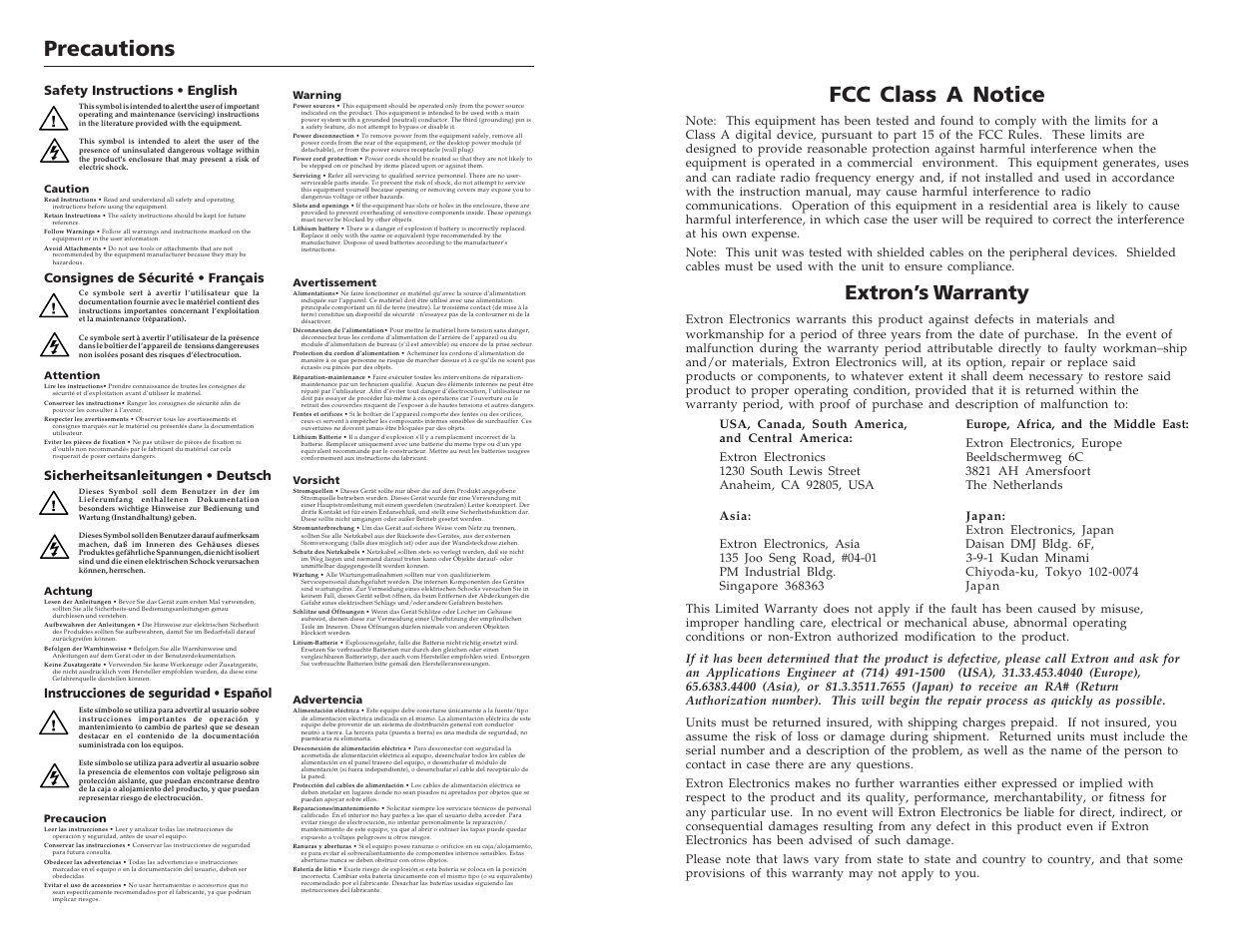 Precautions, Fcc class a notice, Extron’s warranty | Instrucciones de seguridad • español | Extron Electronics SW 2_4 ARxi User Guide User Manual | Page 2 / 31