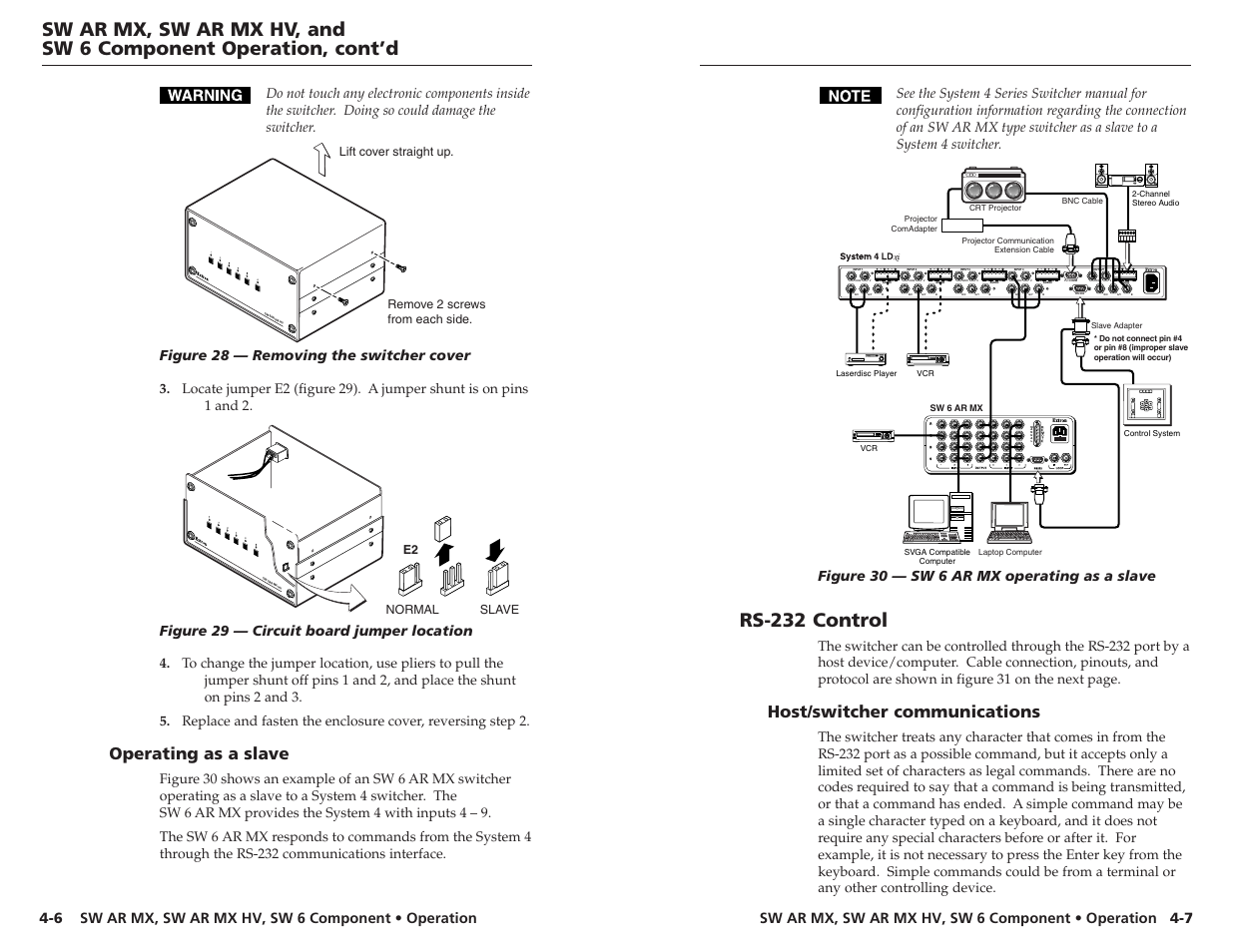 Rs-232 control, H/hv r/c g/y b r/c g/y b v, H/hv v r/c g/y b | H/hv v, Host/switcher communications, Operating as a slave | Extron Electronics SW 2_4 ARxi User Guide User Manual | Page 22 / 31