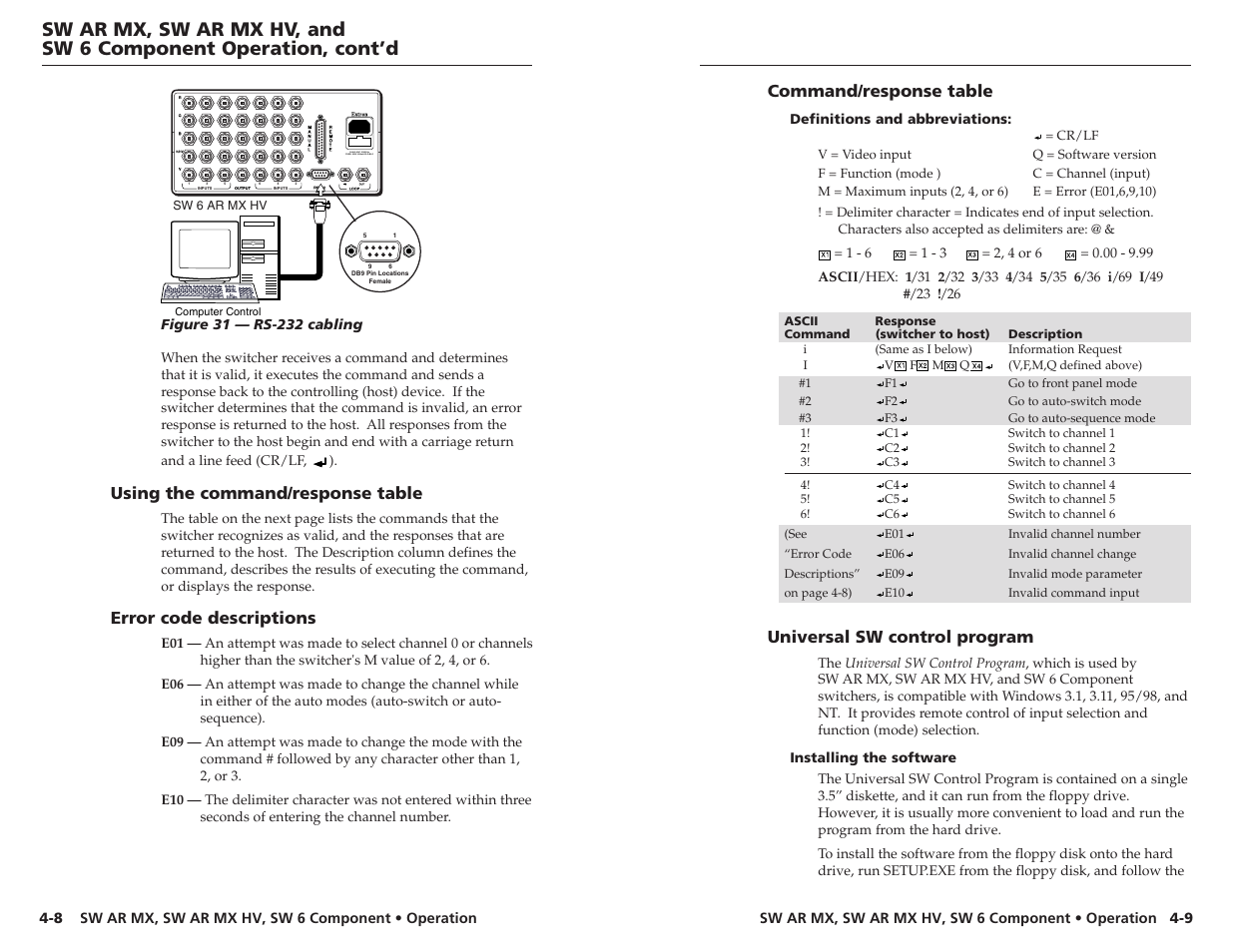 Command/response table, Universal sw control program, Using the command/response table | Error code descriptions | Extron Electronics SW 2_4 ARxi User Guide User Manual | Page 23 / 31