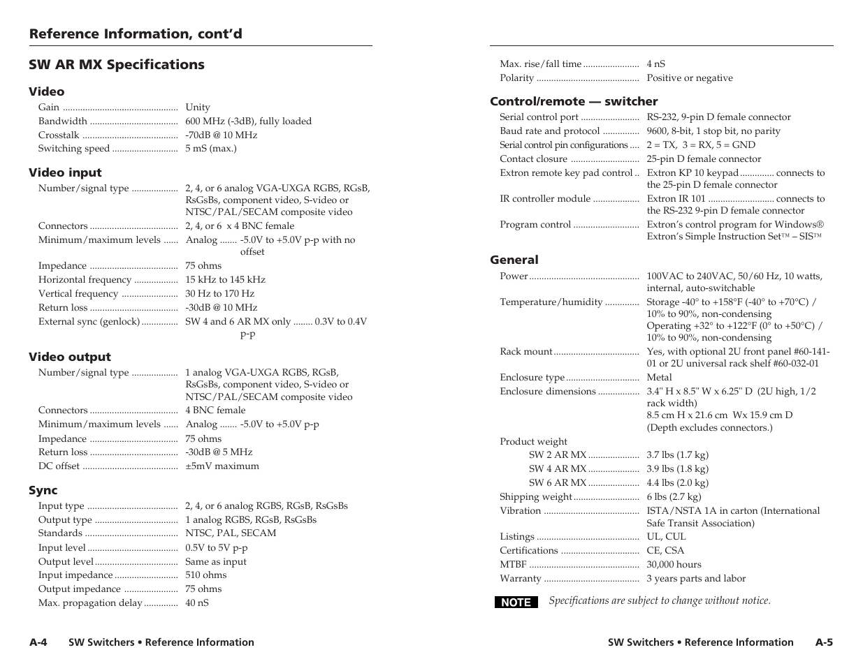 Reference information, cont’d, Sw ar mx specifications | Extron Electronics SW 2_4 ARxi User Guide User Manual | Page 27 / 31