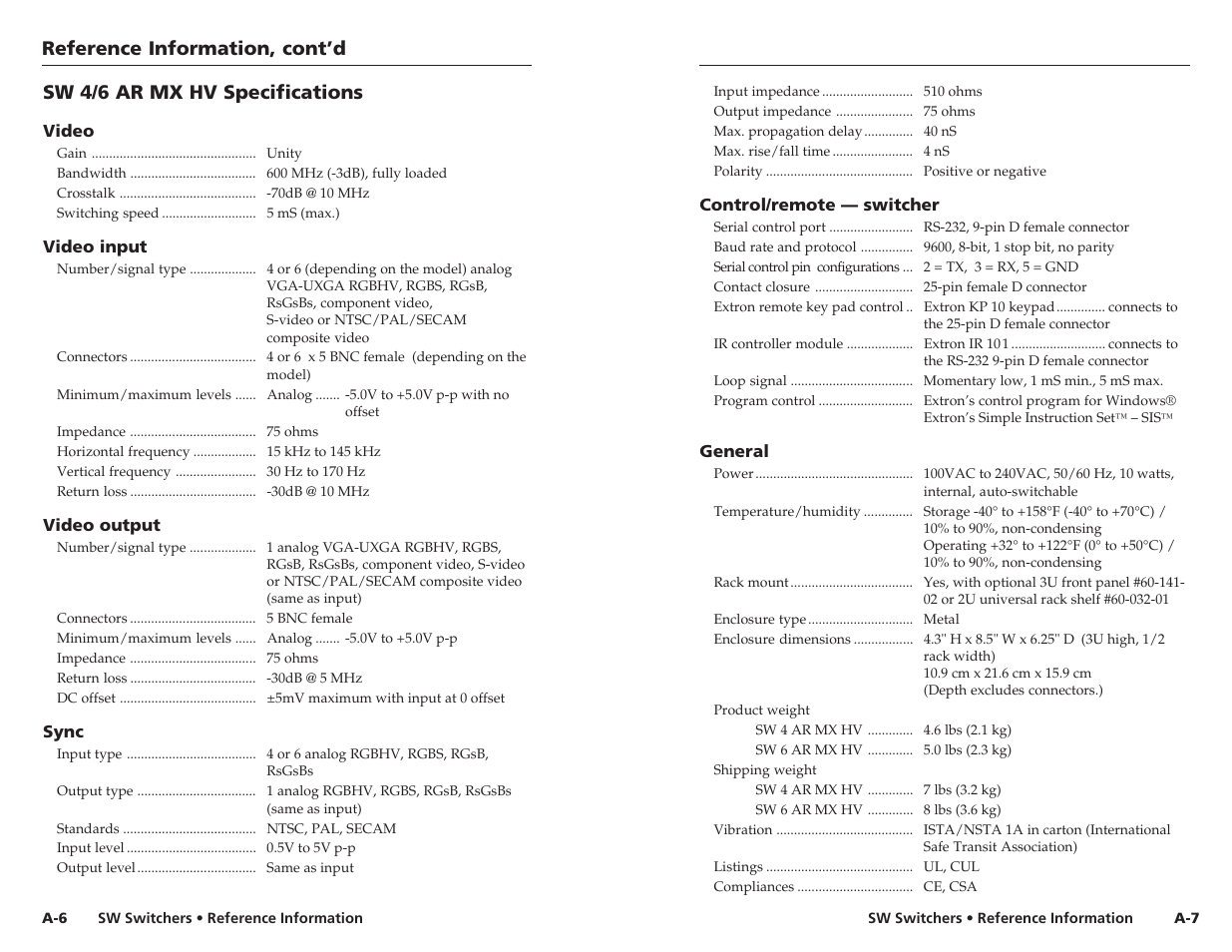 Reference information, cont’d, Sw 4/6 ar mx hv specifications | Extron Electronics SW 2_4 ARxi User Guide User Manual | Page 28 / 31