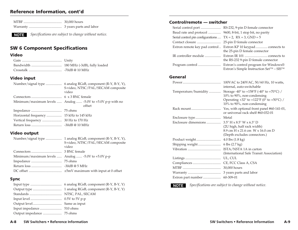 Reference information, cont’d, Sw 6 component specifications | Extron Electronics SW 2_4 ARxi User Guide User Manual | Page 29 / 31