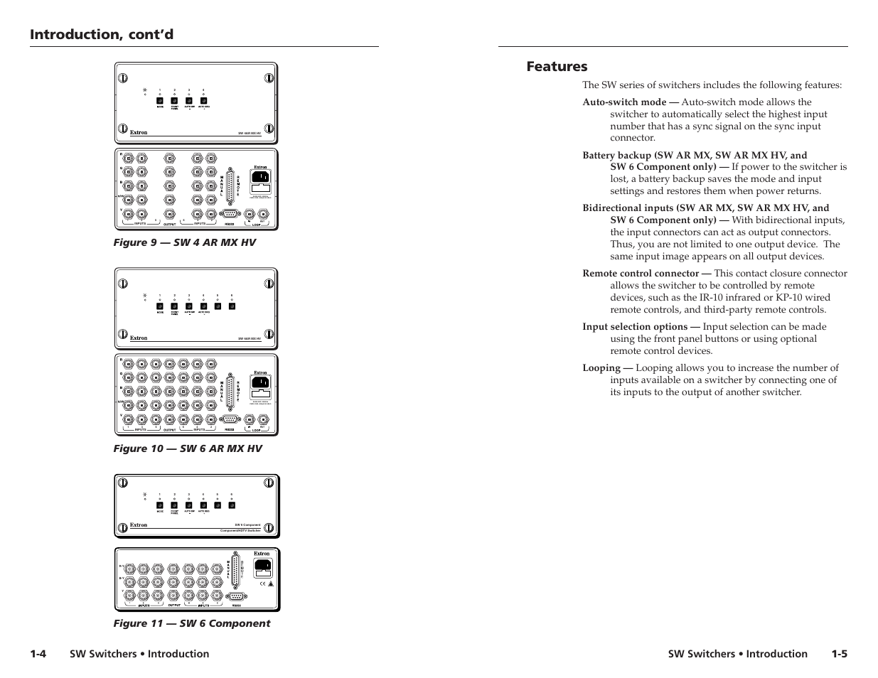Introduction, cont’d features, Sw switchers • introduction, Figure 9 — sw 4 ar mx hv | Figure 10 — sw 6 ar mx hv | Extron Electronics SW 2_4 ARxi User Guide User Manual | Page 6 / 31