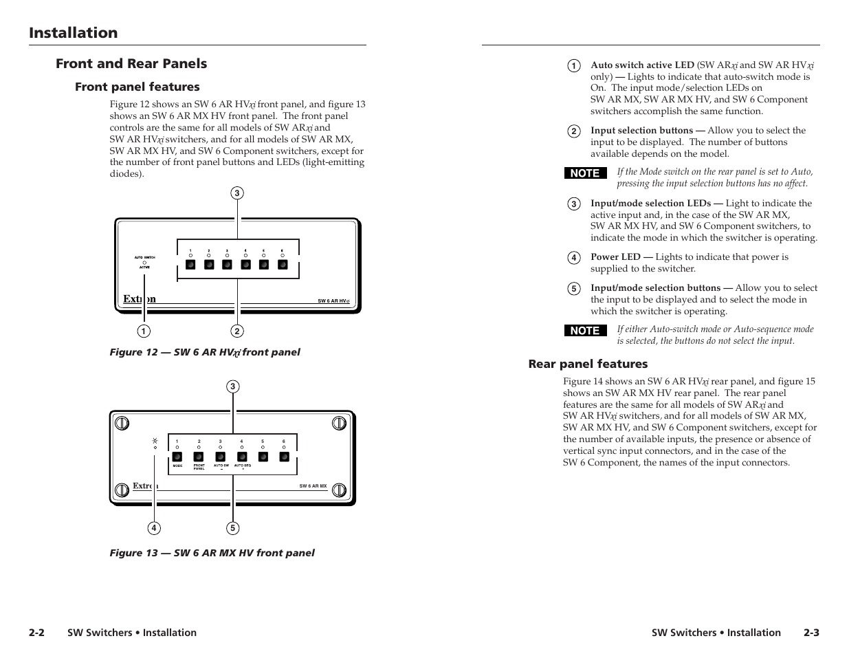 Installation, Front and rear panels, Rear panel features | Front panel features | Extron Electronics SW 2_4 ARxi User Guide User Manual | Page 8 / 31