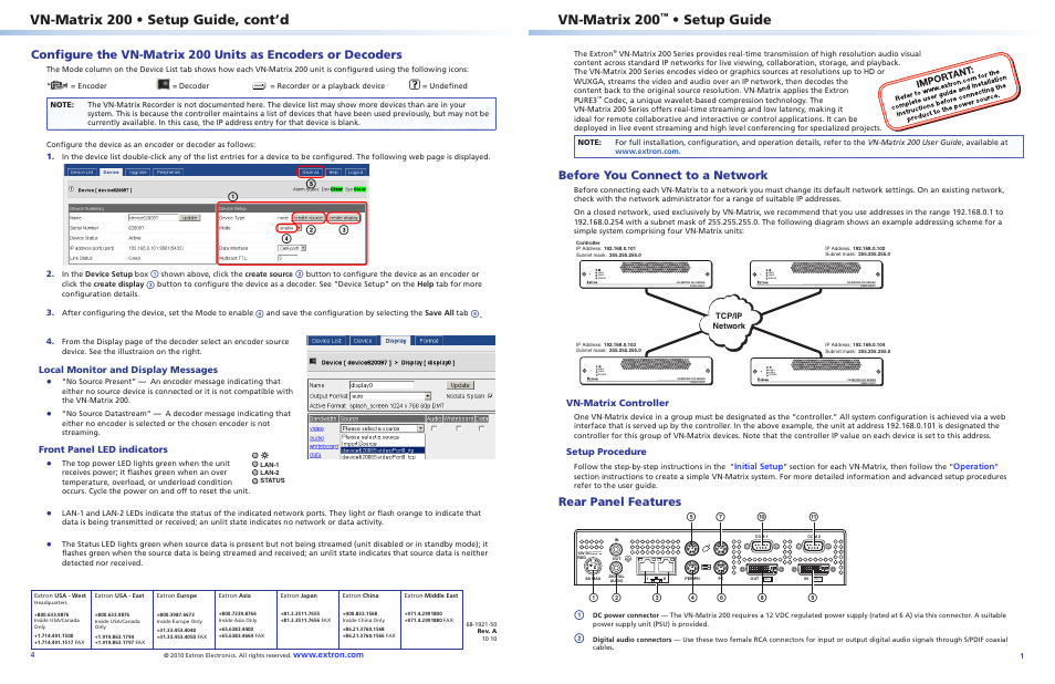 Extron Electronics VN-Matrix 200 Series Setup Guide User Manual | 4 pages