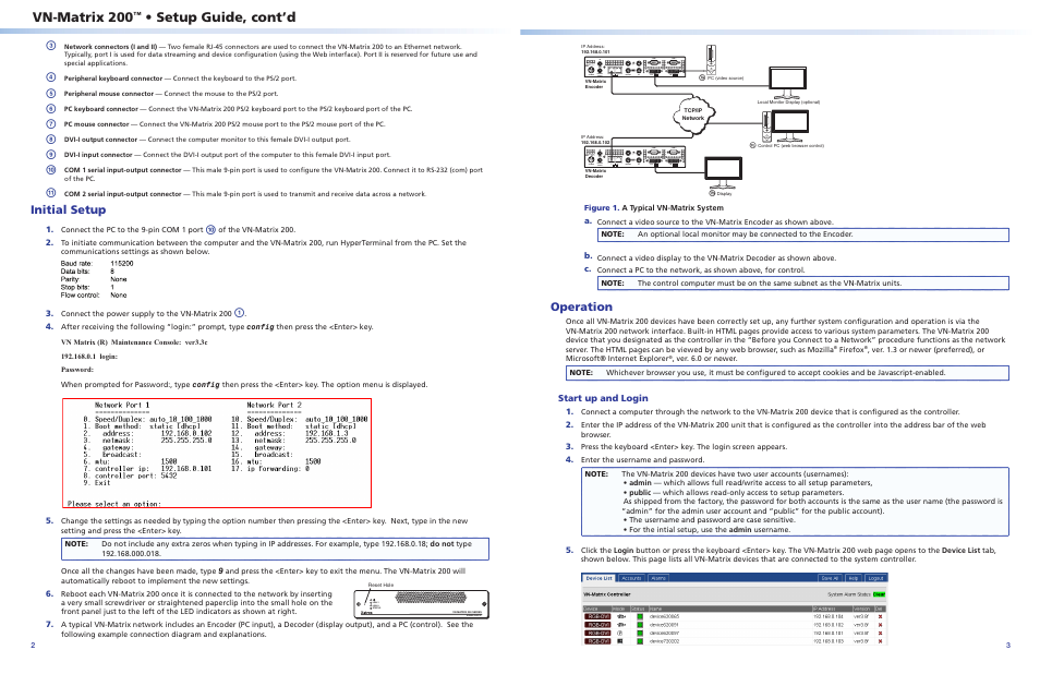 Vn-matrix 200, Setup guide, cont’d, Initial setup | Operation, Start up and login, Ез k | Extron Electronics VN-Matrix 200 Series Setup Guide User Manual | Page 2 / 4