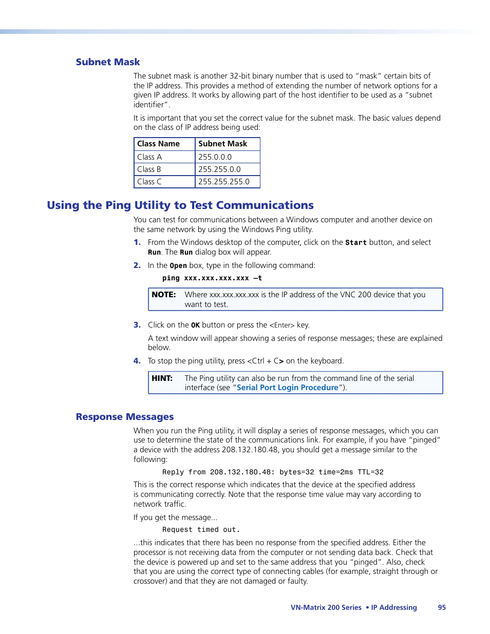 Using the ping utility to test communications | Extron Electronics VN-Matrix 200 Series User Manual | Page 100 / 123