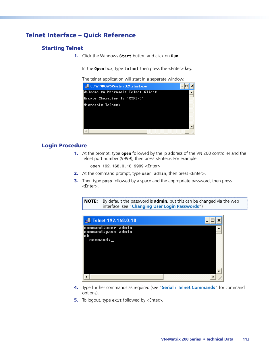 Telnet interface – quick reference | Extron Electronics VN-Matrix 200 Series User Manual | Page 118 / 123